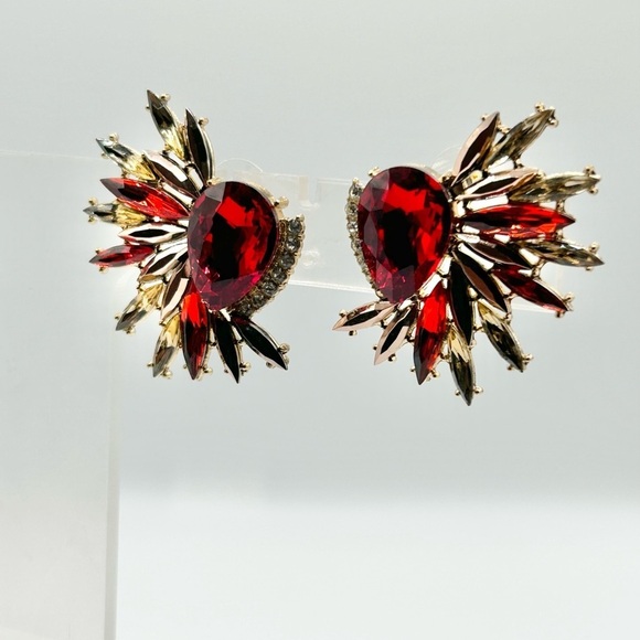 Radiant Red and Gold Fan Rhinestone Crystal Earrings-New! - Picture 4 of 6